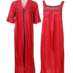 Red Nylon Long Nightwear For Women