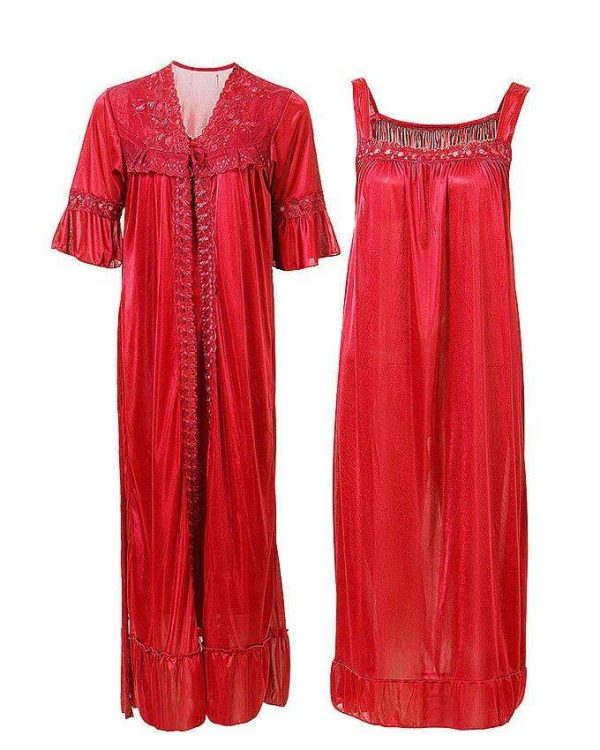 Red Nylon Long Nightwear For Women