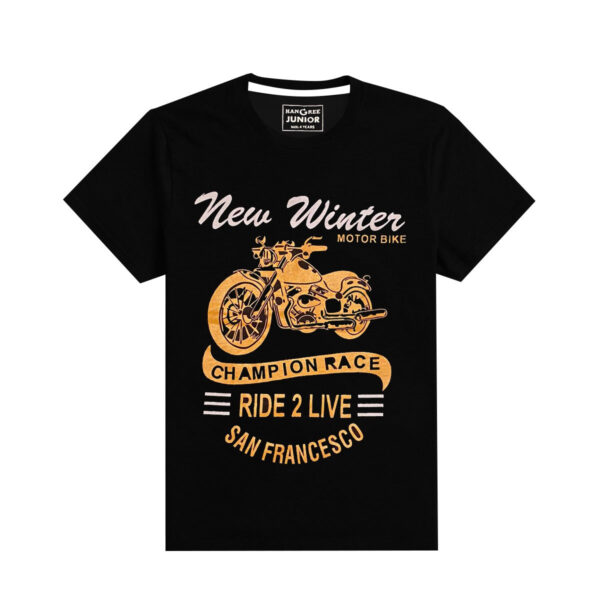 boy s motor bike printed black tee shirt front