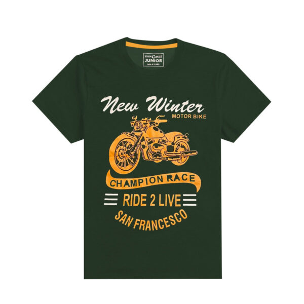 boy s motor bike printed bottel green tee shirt front