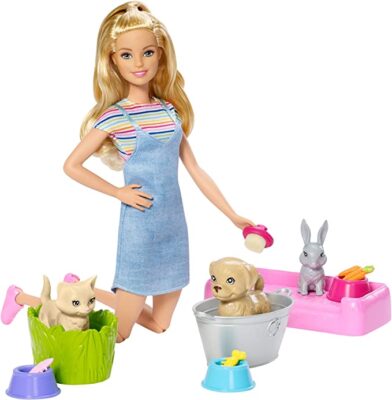 d barbie play and wash pets playset fxh